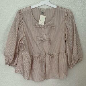 A New Day Elbow Sleeve Peplum Tie-Front Blouse pink/white stripes size XL NEW